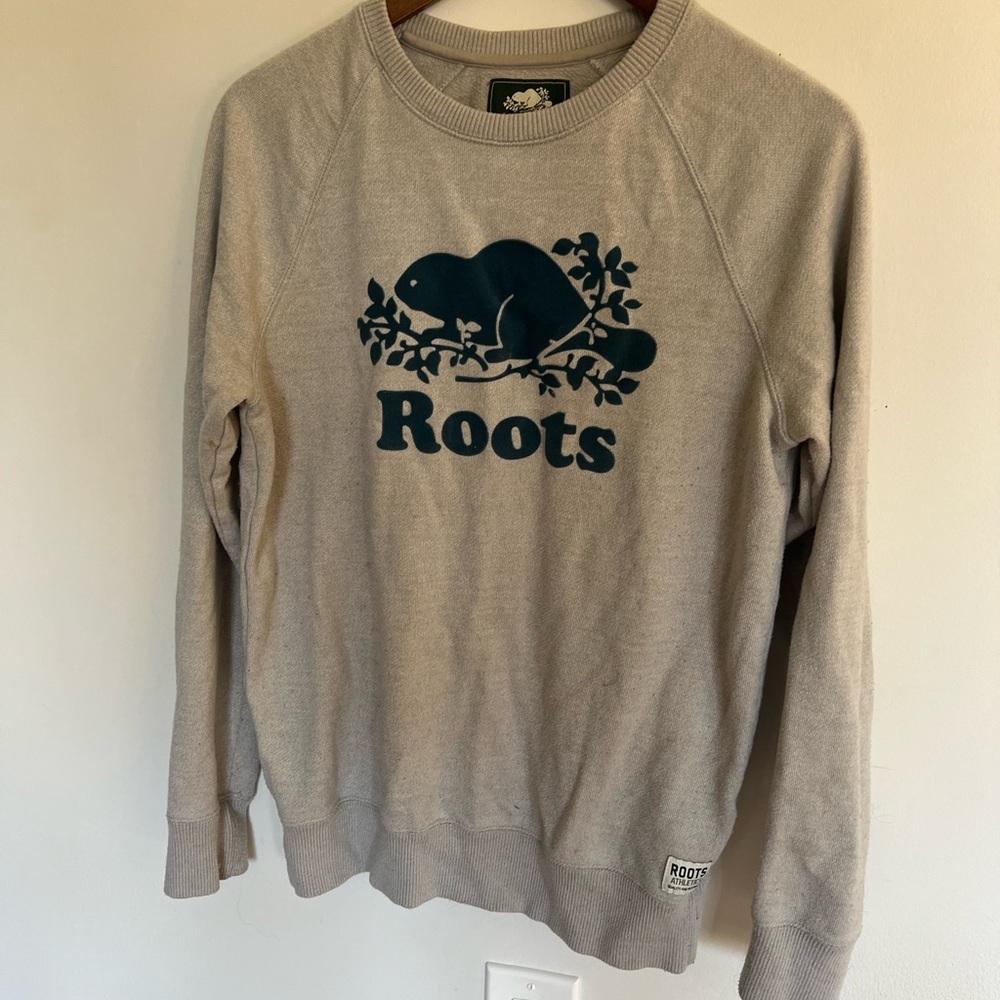 Roots Light Gray Crew Neck Sweater with Navy Logo - Picture 2 of 5
